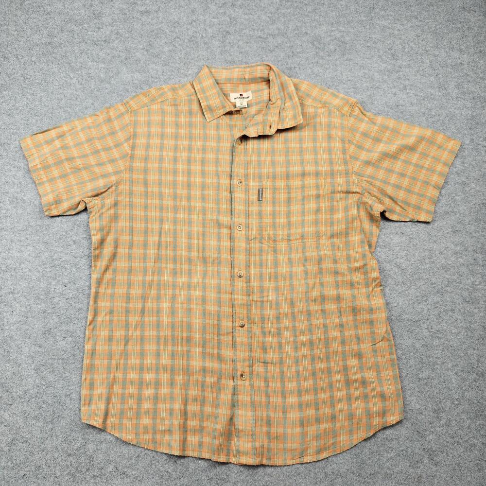 Woolrich Shirt Mens XL Orange Plaid 100% Cotton Short Sleeve Button-Up Pocket